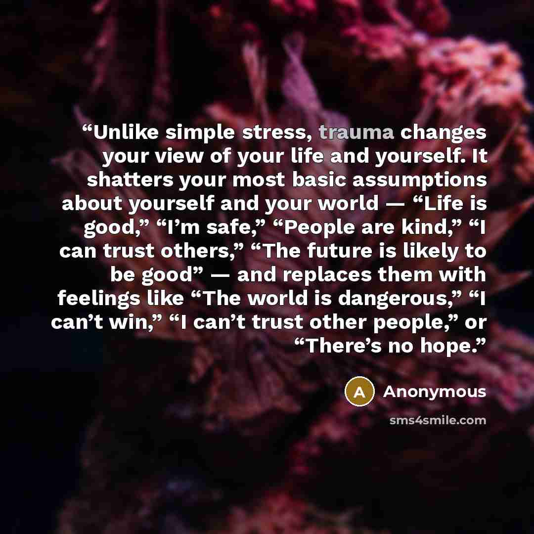 “Unlike simple stress, trauma changes your view of your life and yourself. It shatters your most basic assumptions about yourself and your world — “Life is good,” “I’m safe,” “People are kind,” “I can trust others,” “The future is likely to be good” — and replaces them with feelings like “The world…” quote by Anonymous