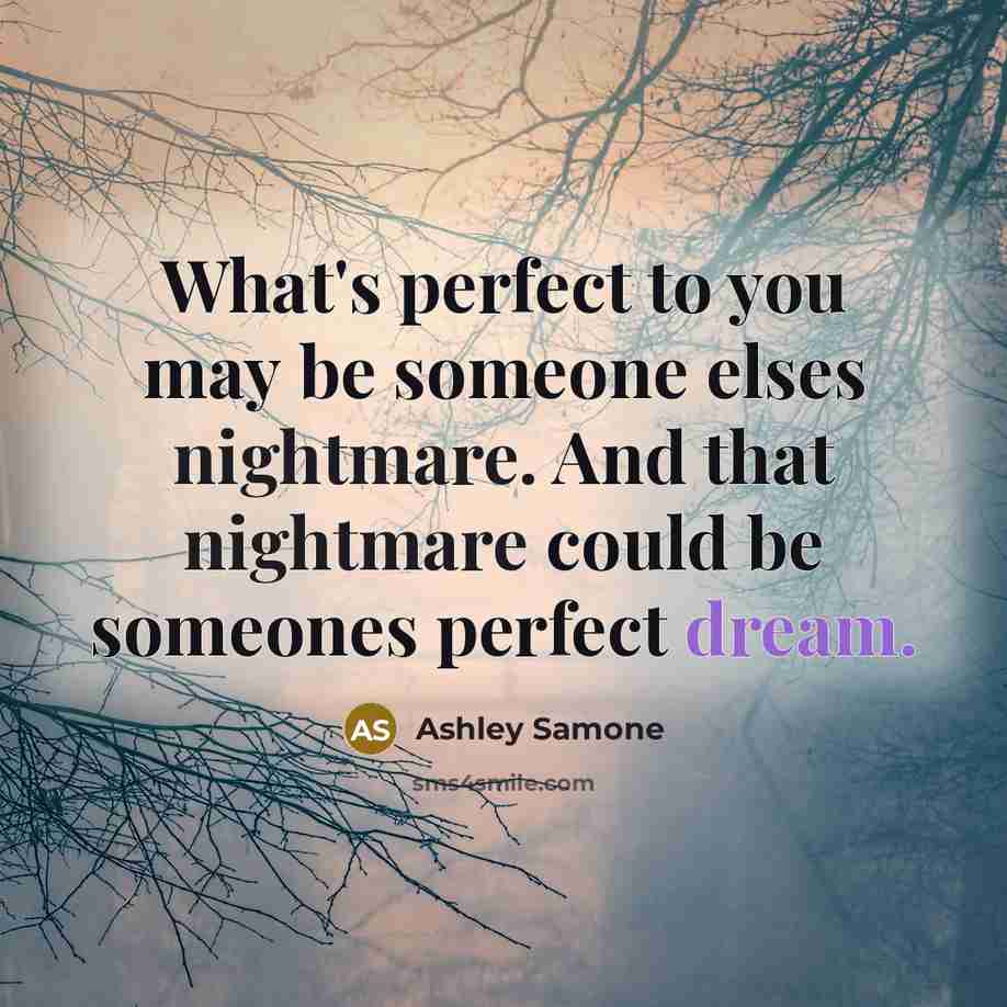 “What's perfect to you may be someone elses nightmare. And that nightmare could be someones perfect dream.” quote by Ashley Samone