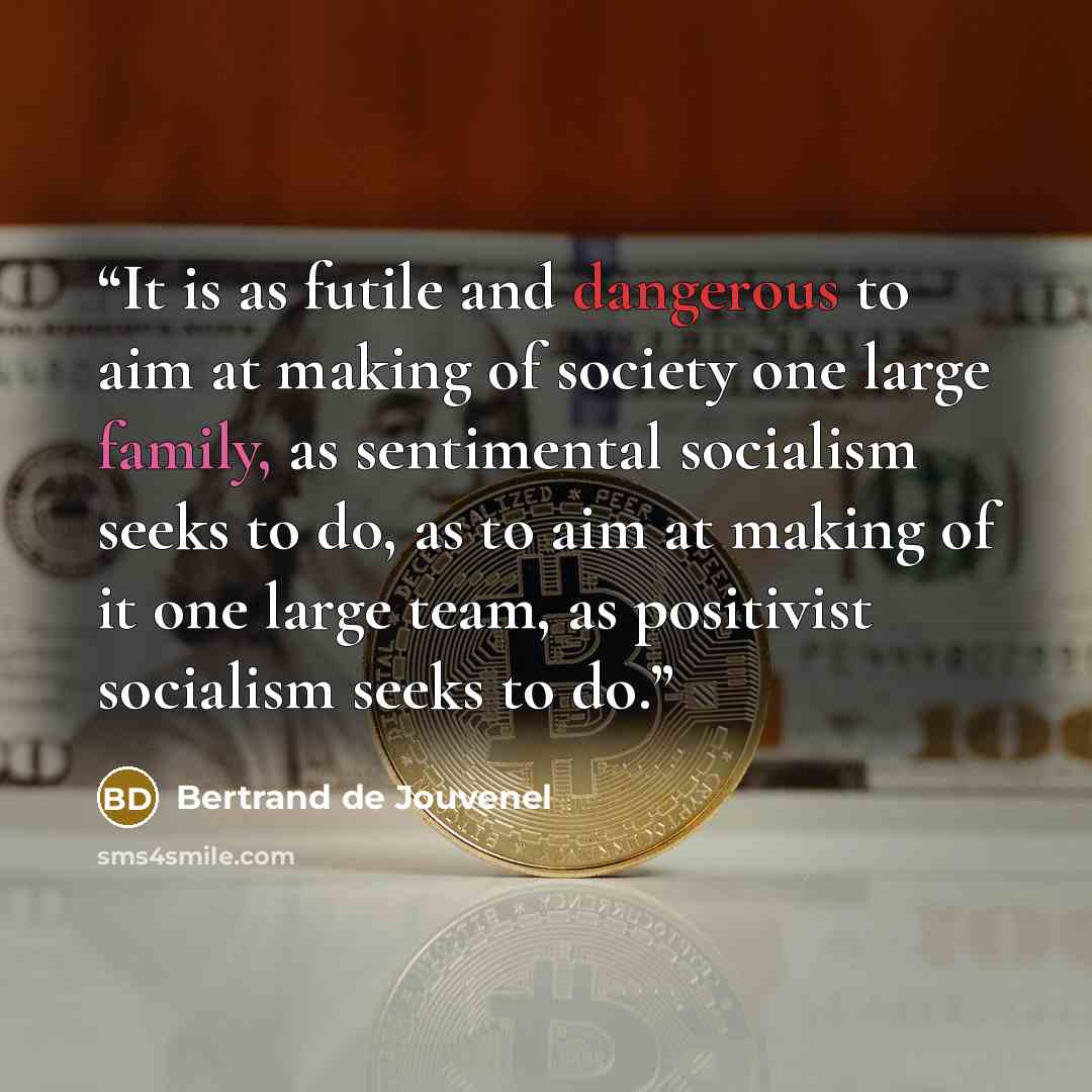 “It is as futile and dangerous to aim at making of society one large family, as sentimental socialism seeks to do, as to aim at making of it one large team, as positivist socialism seeks to do.” quote by Bertrand De Jouvenel
