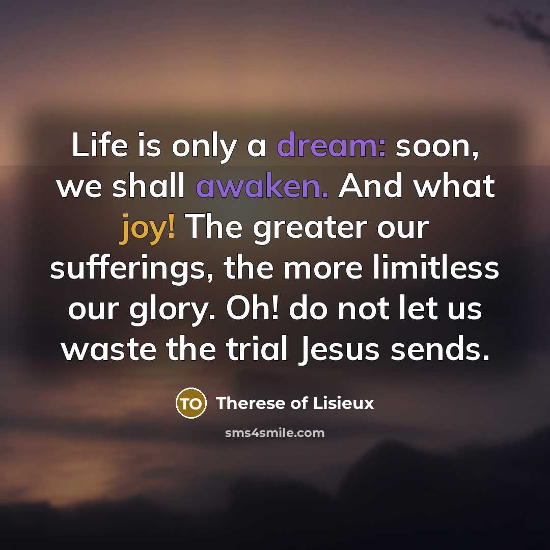 “Life is only a dream: soon, we shall awaken. And what joy! The greater our sufferings, the more limitless our glory. Oh! do not let us waste the trial Jesus sends.” quote by Therese of Lisieux