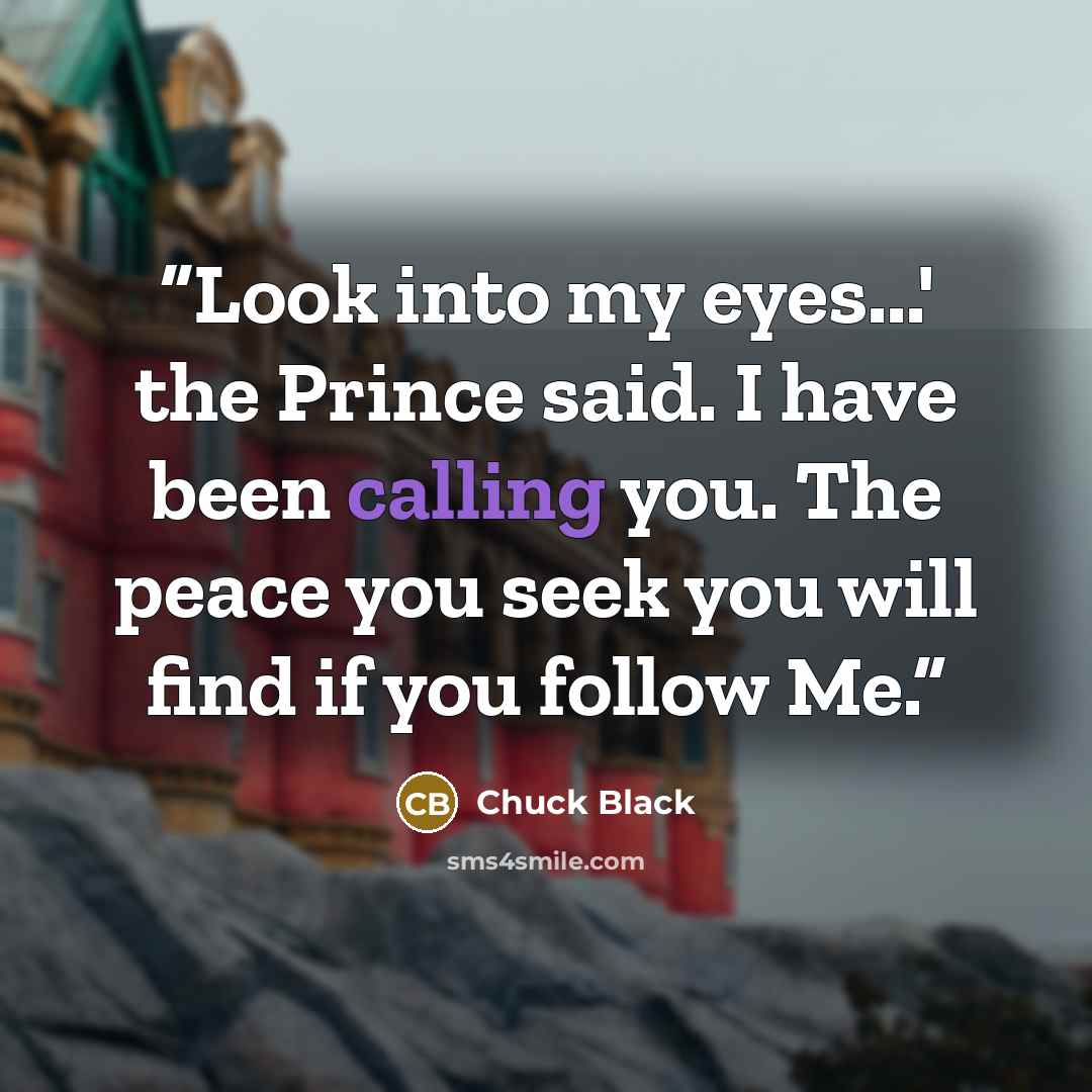 “Look into my eyes...' the Prince said. I have been calling you. The peace you seek you will find if you follow Me.” quote by Chuck Black
