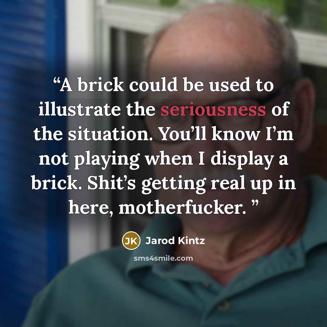 “A brick could be used to illustrate the seriousness of the situation. You’ll know I’m not playing when I display a brick. Shit’s getting real up in here, motherfucker.” quote by Jarod Kintz
