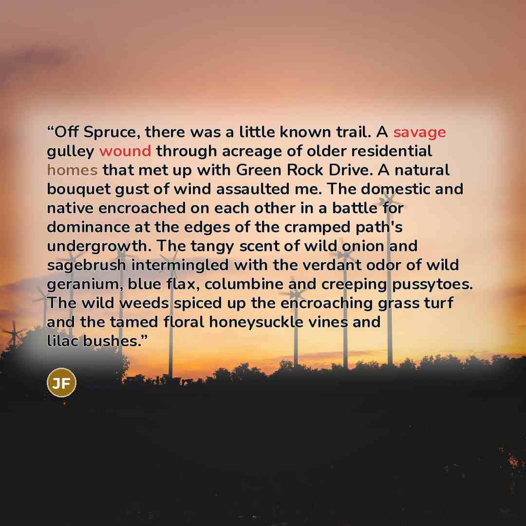 “Off Spruce, there was a little known trail. A savage gulley wound through acreage of older residential homes that met up with Green Rock Drive. A natural bouquet gust of wind assaulted me. The domestic and native encroached on each other in a battle for dominance at the edges of the cramped path's…” quote by Jazz Feylynn