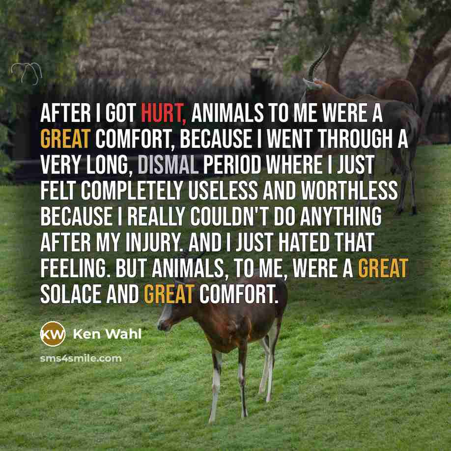 “After I got hurt, animals to me were a great comfort, because I went through a very long, dismal period where I just felt completely useless and worthless because I really couldn't do anything after my injury. And I just hated that feeling. But animals, to me, were a great solace and great comfort.” quote by Ken Wahl
