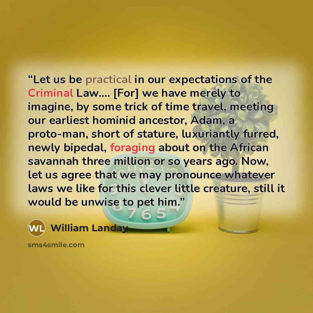 “Let us be practical in our expectations of the Criminal Law.… [For] we have merely to imagine, by some trick of time travel, meeting our earliest hominid ancestor, Adam, a proto-man, short of stature, luxuriantly furred, newly bipedal, foraging about on the African savannah three million or so…” quote by William Landay