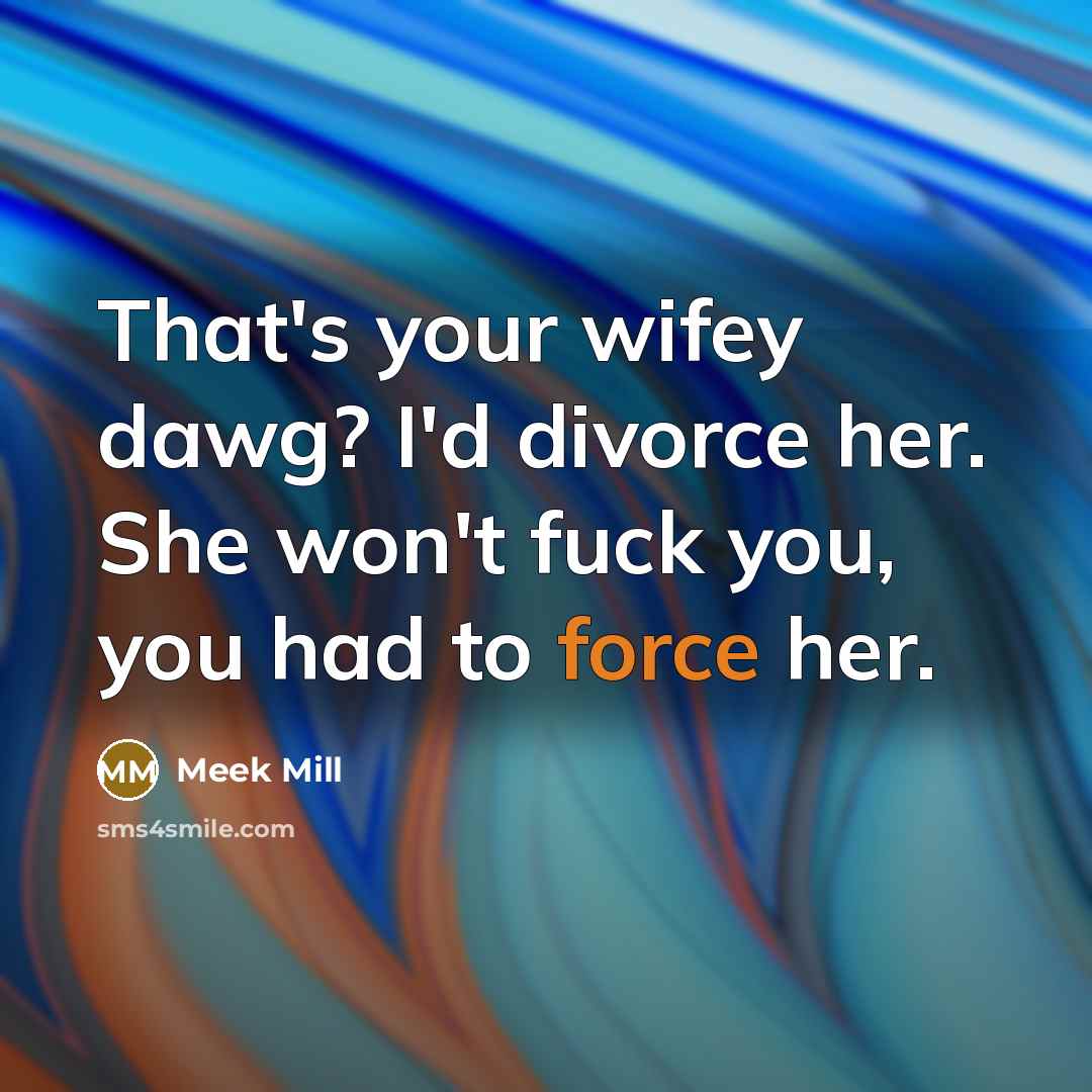 “That's your wifey dawg? I'd divorce her. She won't fuck you, you had to force her.” quote by Meek Mill