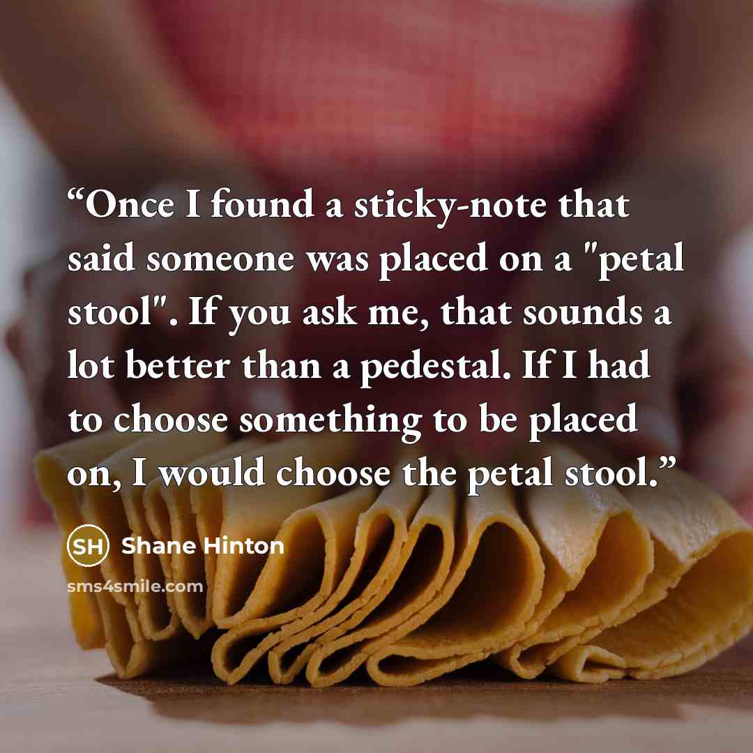 “Once I found a sticky-note that said someone was placed on a "petal stool". If you ask me, that sounds a lot better than a pedestal. If I had to choose something to be placed on, I would choose the petal stool.” quote by Shane Hinton