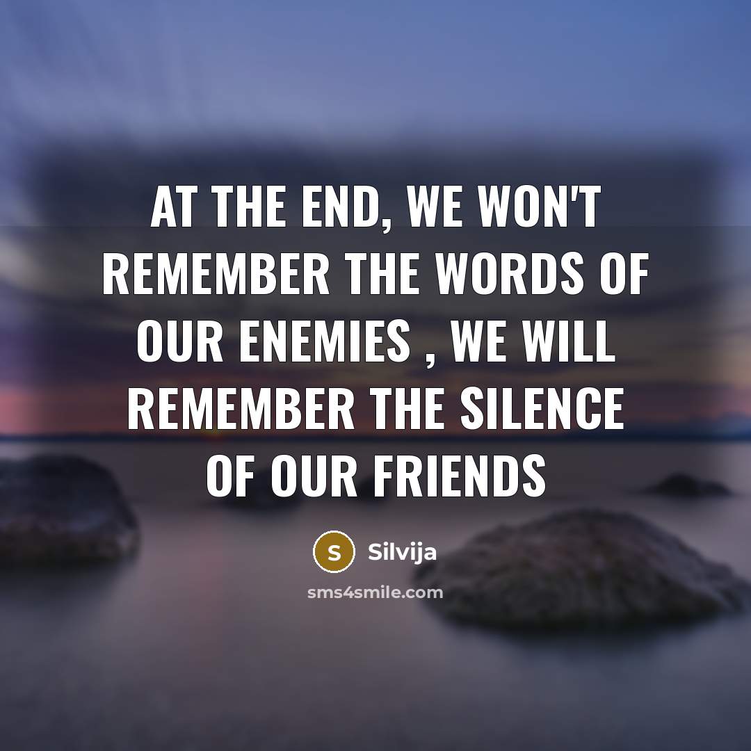 “At the end, we won't remember the words of our…” quote by Silvija