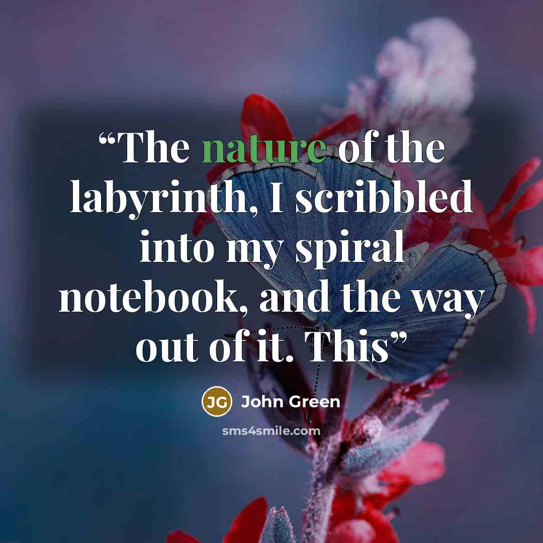 “The nature of the labyrinth, I scribbled into my spiral notebook, and the way out of it. This” quote by John Green