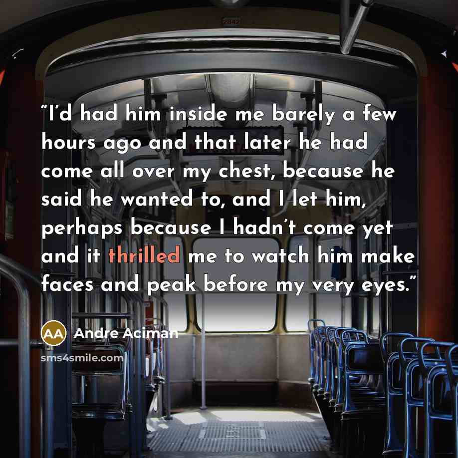 “I’d had him inside me barely a few hours ago and that later he had come all over my chest, because he said he wanted to, and I let him, perhaps because I hadn’t come yet and it thrilled me to watch him make faces and peak before my very eyes.” quote by André Aciman