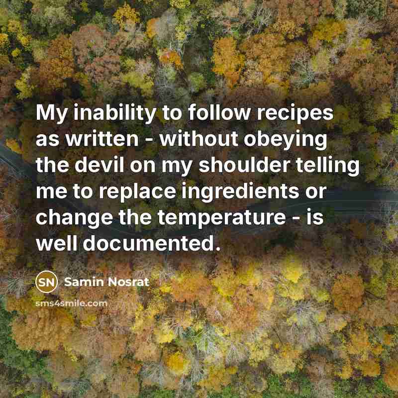 “My inability to follow recipes as written - without obeying…” quote by Samin Nosrat