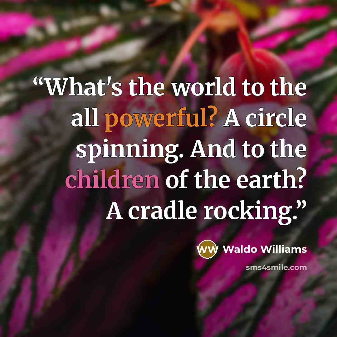 “What's the world to the all powerful? A circle spinning. And to the children of the earth? A cradle rocking.” quote by Waldo Williams