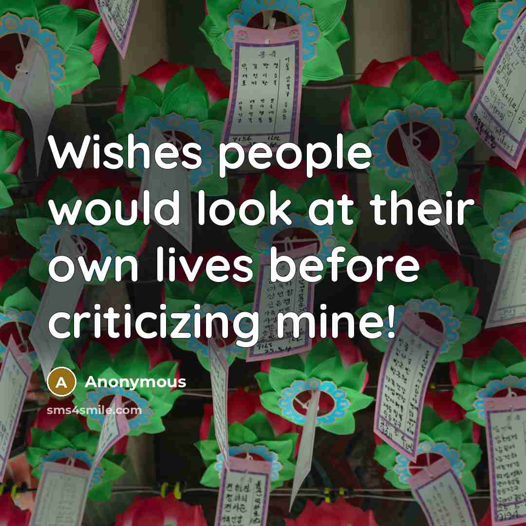 “Wishes people would look at their own lives before criticizing…” quote by Anonymous
