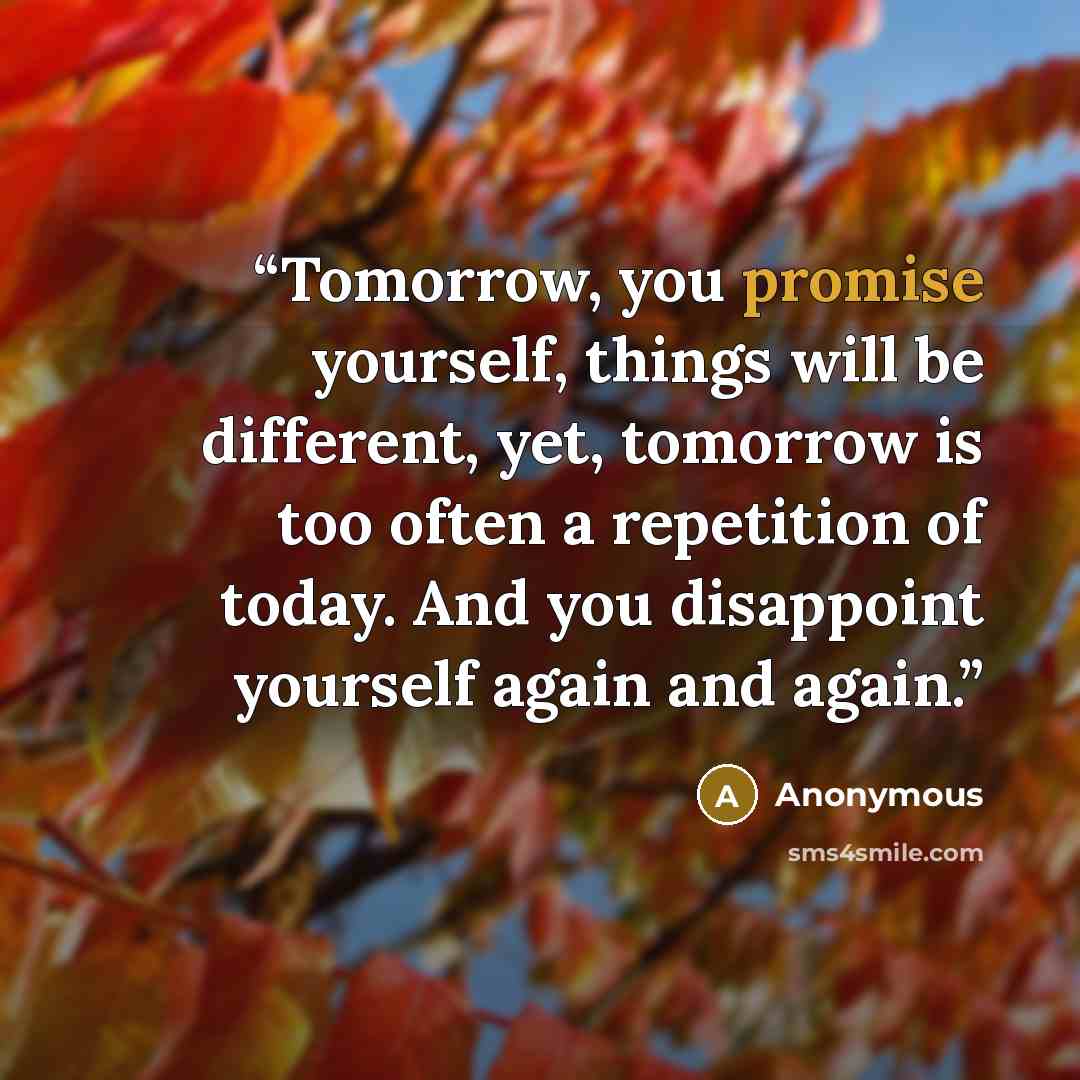 “Tomorrow, you promise yourself, things will be different, yet, tomorrow is too often a repetition of today. And you disappoint yourself again and again.” quote by Anonymous