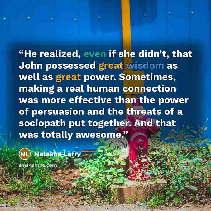 “He realized, even if she didn’t, that John possessed great wisdom as well as great power. Sometimes, making a real human connection was more effective than the power of persuasion and the threats of a sociopath put together. And that was totally awesome.” quote by Natasha Larry
