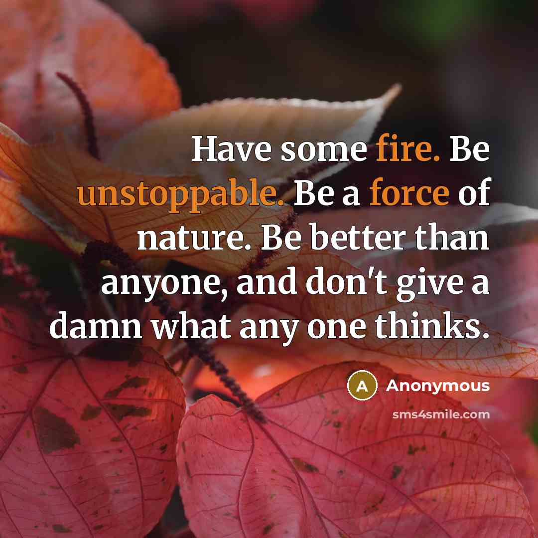 “Have some fire. Be unstoppable. Be a force of nature. Be better than anyone, and don't give a damn what any one thinks.” quote by Anonymous