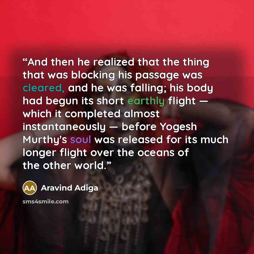 “And then he realized that the thing that was blocking his passage was cleared, and he was falling; his body had begun its short earthly flight — which it completed almost instantaneously — before Yogesh Murthy's soul was released for its much longer flight over the oceans of the other world.” quote by Aravind Adiga