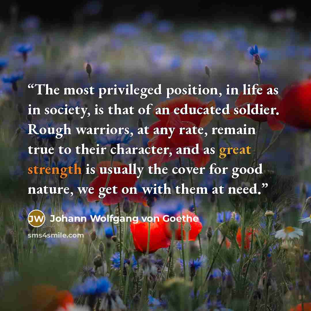 “The most privileged position, in life as in society, is that of an educated soldier. Rough warriors, at any rate, remain true to their character, and as great strength is usually the cover for good nature, we get on with them at need.” quote by Johann Wolfgang von Goethe