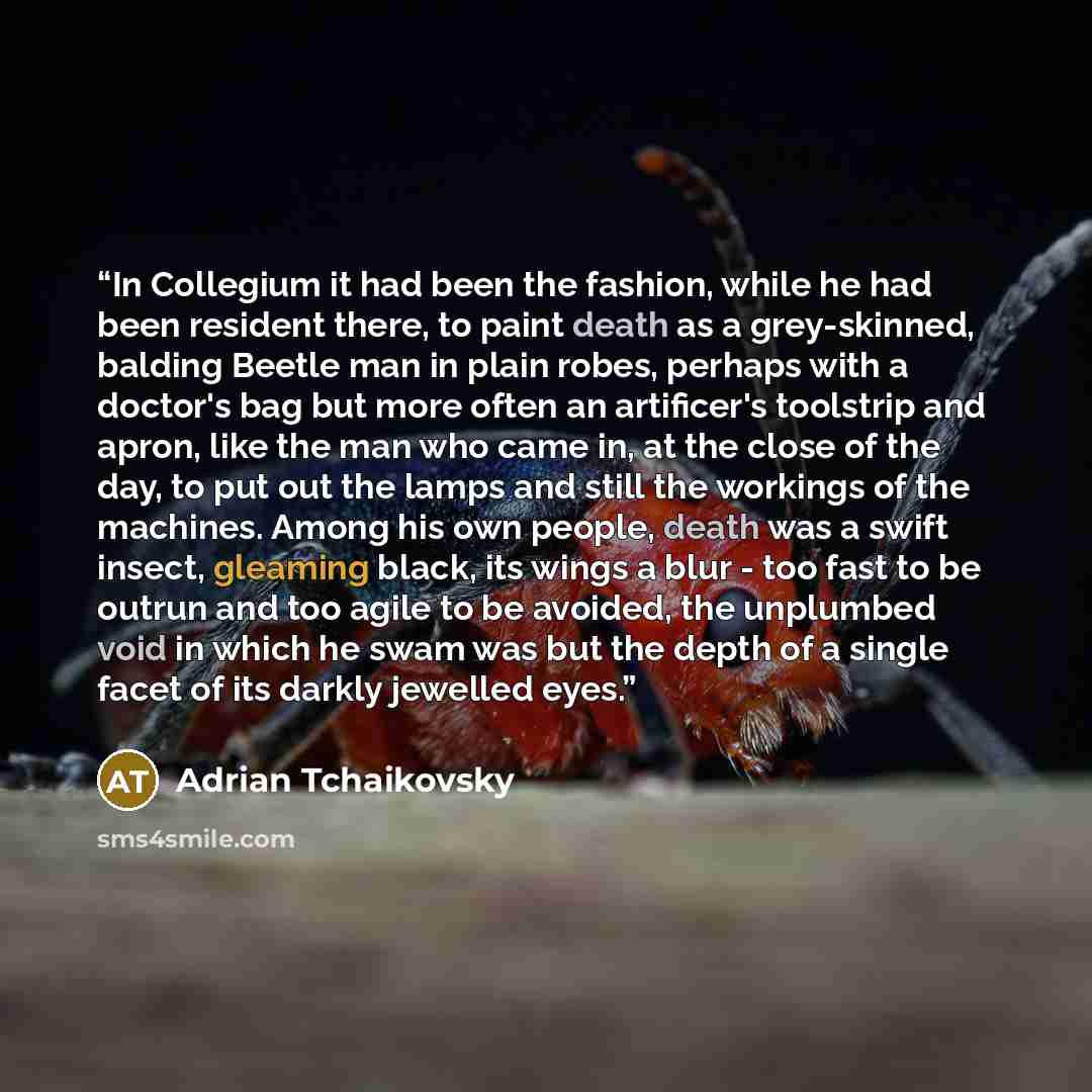“In Collegium it had been the fashion, while he had been resident there, to paint death as a grey-skinned, balding Beetle man in plain robes, perhaps with a doctor's bag but more often an artificer's toolstrip and apron, like the man who came in, at the close of the day, to put out the lamps and…” quote by Adrian Tchaikovsky