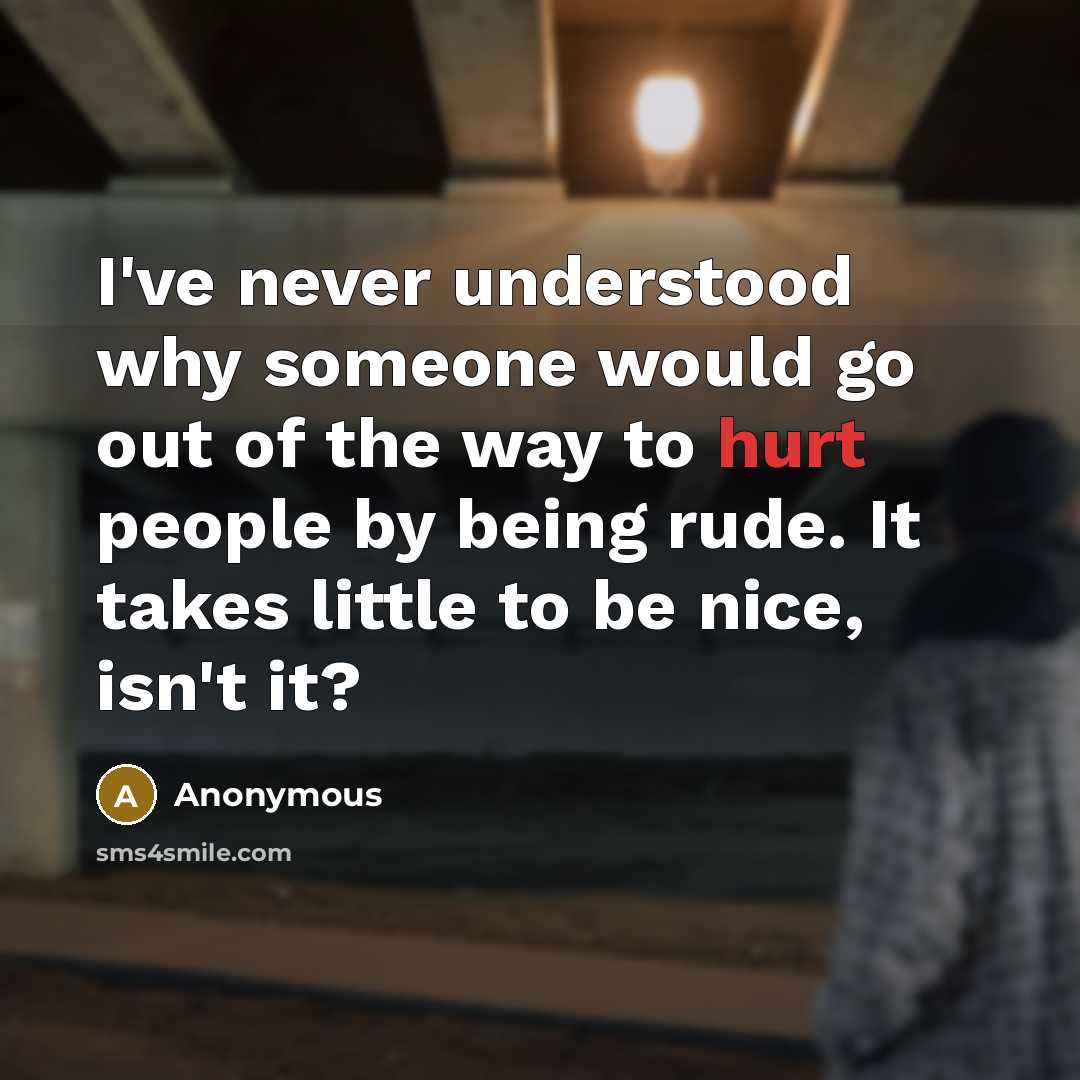 “I've never understood why someone would go out of the way to hurt people by being rude. It takes little to be nice, isn't it?” quote by Anonymous