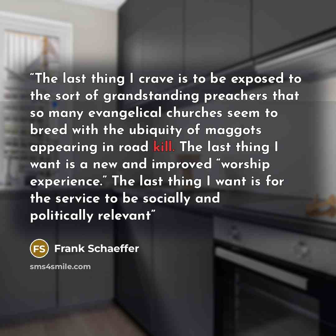 “The last thing I crave is to be exposed to the sort of grandstanding preachers that so many evangelical churches seem to breed with the ubiquity of maggots appearing in road kill. The last thing I want is a new and improved “worship experience.” The last thing I want is for the service to be…” quote by Frank Schaeffer