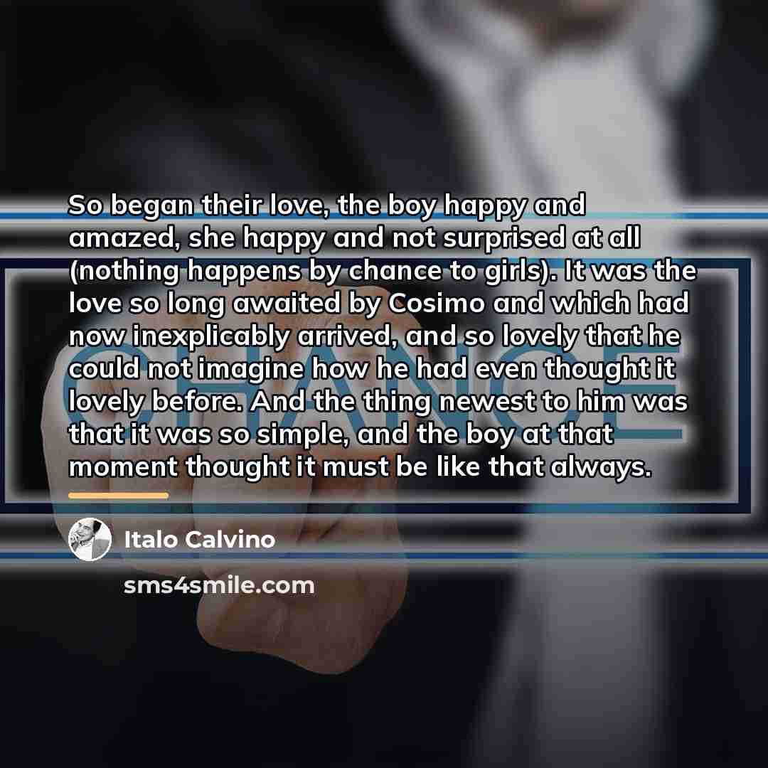“So began their love, the boy happy and amazed, she…” quote by Italo Calvino