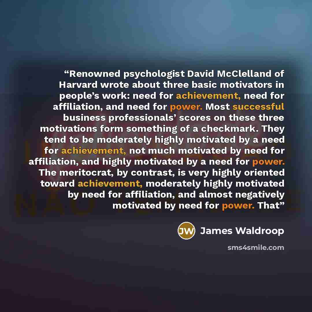 “Renowned psychologist David McClelland of Harvard wrote about three basic motivators in people’s work: need for achievement, need for affiliation, and need for power. Most successful business professionals’ scores on these three motivations form something of a checkmark. They tend to be moderately…” quote by James Waldroop