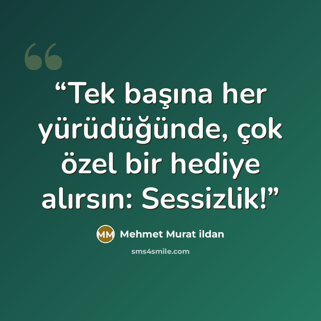 “Tek başına her yürüdüğünde, çok özel bir hediye alırsın: Sessizlik!” quote by Mehmet Murat ildan