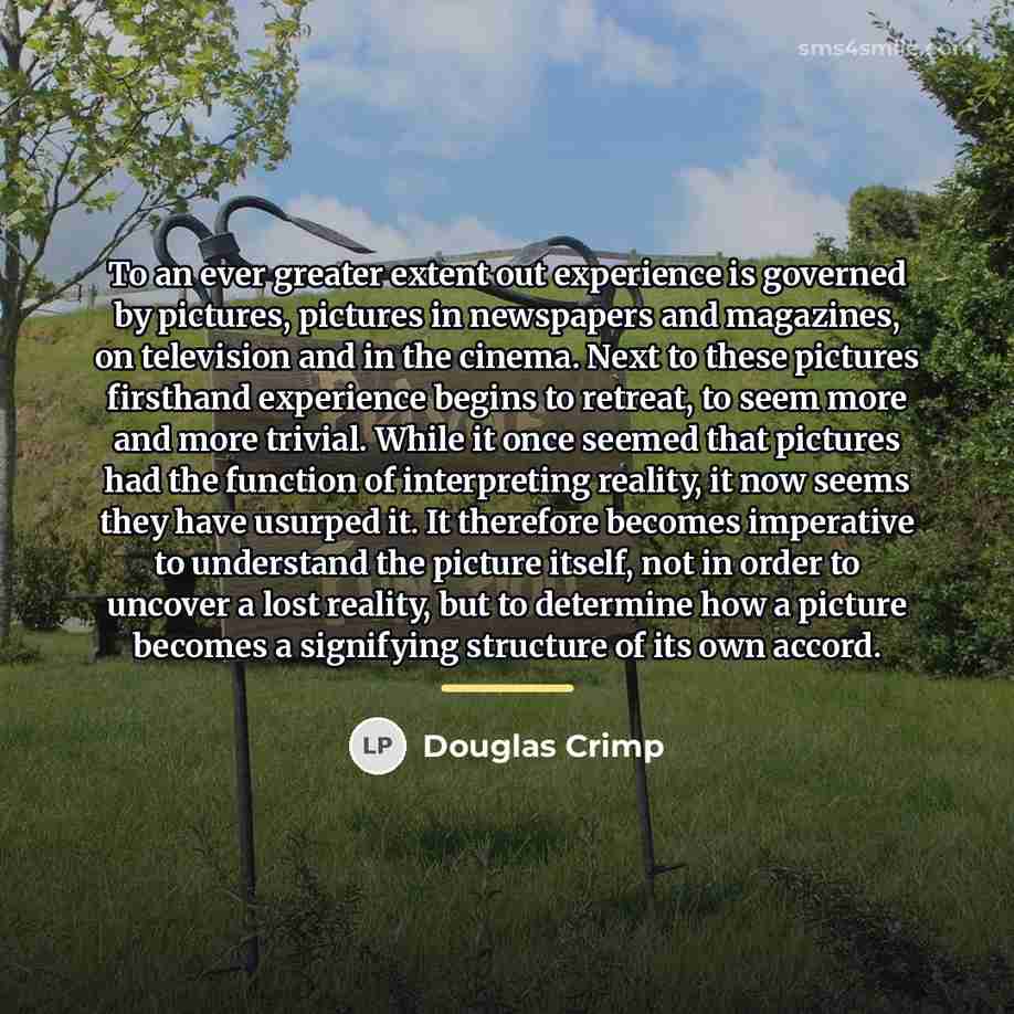 “To an ever greater extent out experience is governed by…” quote by Douglas Crimp