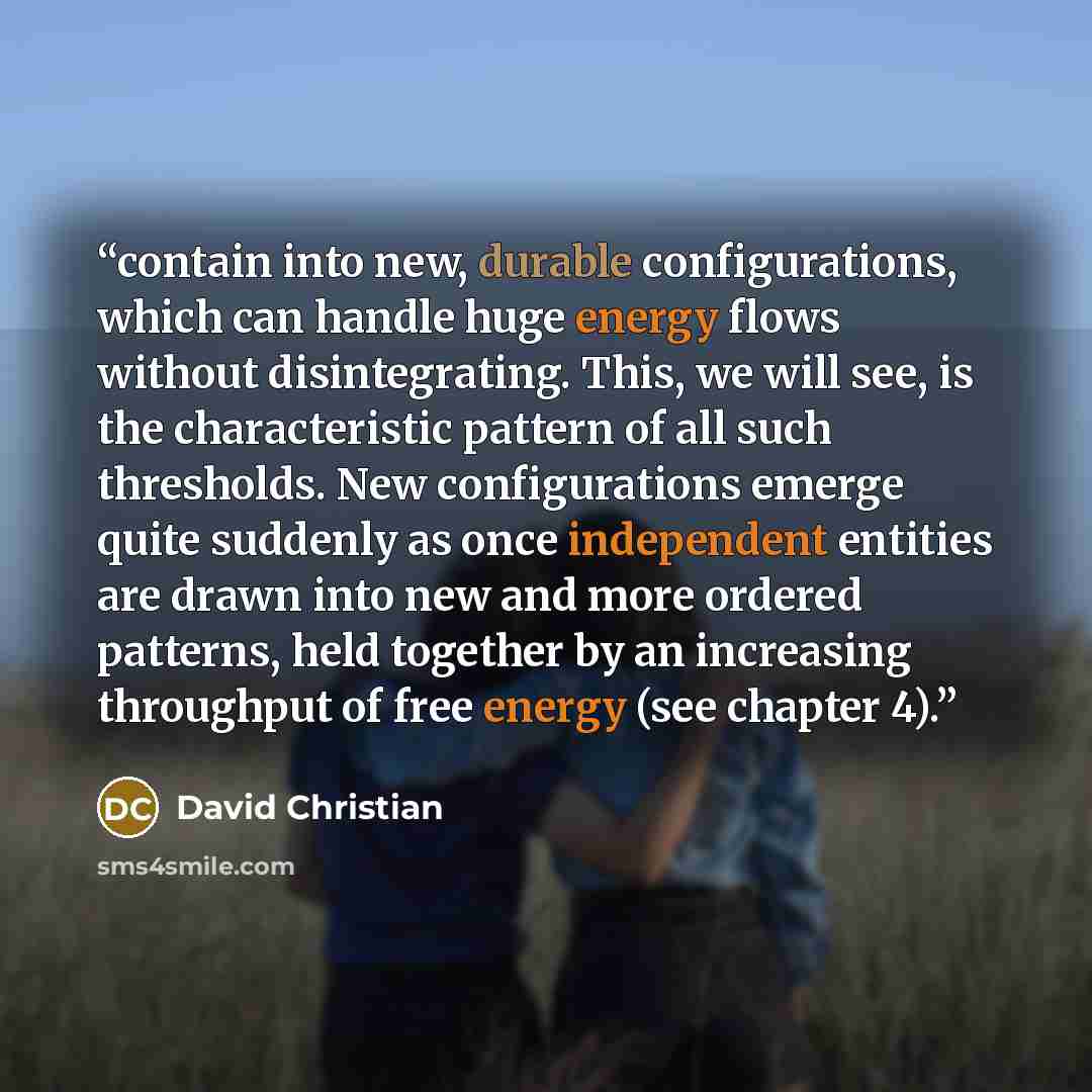“contain into new, durable configurations, which can handle huge energy flows without disintegrating. This, we will see, is the characteristic pattern of all such thresholds. New configurations emerge quite suddenly as once independent entities are drawn into new and more ordered patterns, held…” quote by David Christian
