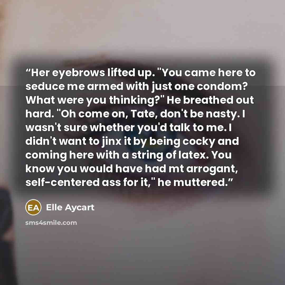 “Her eyebrows lifted up. "You came here to seduce me armed with just one condom? What were you thinking?" He breathed out hard. "Oh come on, Tate, don't be nasty. I wasn't sure whether you'd talk to me. I didn't want to jinx it by being cocky and coming here with a string of latex. You know you…” quote by Elle Aycart