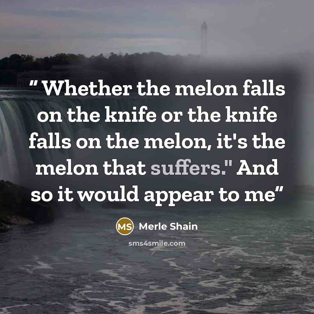 “Whether the melon falls on the knife or the knife falls on the melon, it's the melon that suffers." And so it would appear to me” quote by Merle Shain