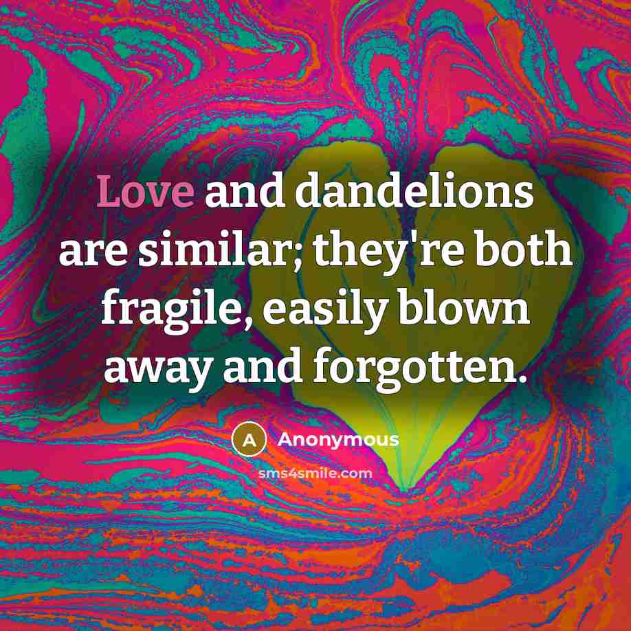“Love and dandelions are similar; they're both fragile, easily blown away and forgotten.” quote by Anonymous