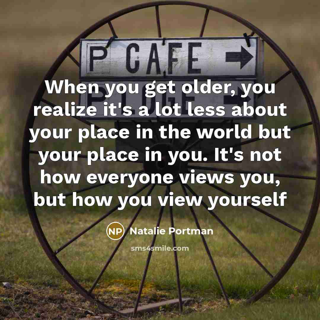 “When you get older, you realize it's a lot less about your place in the world but your place in you. It's not how everyone views you, but how you view yourself” quote by Natalie Portman