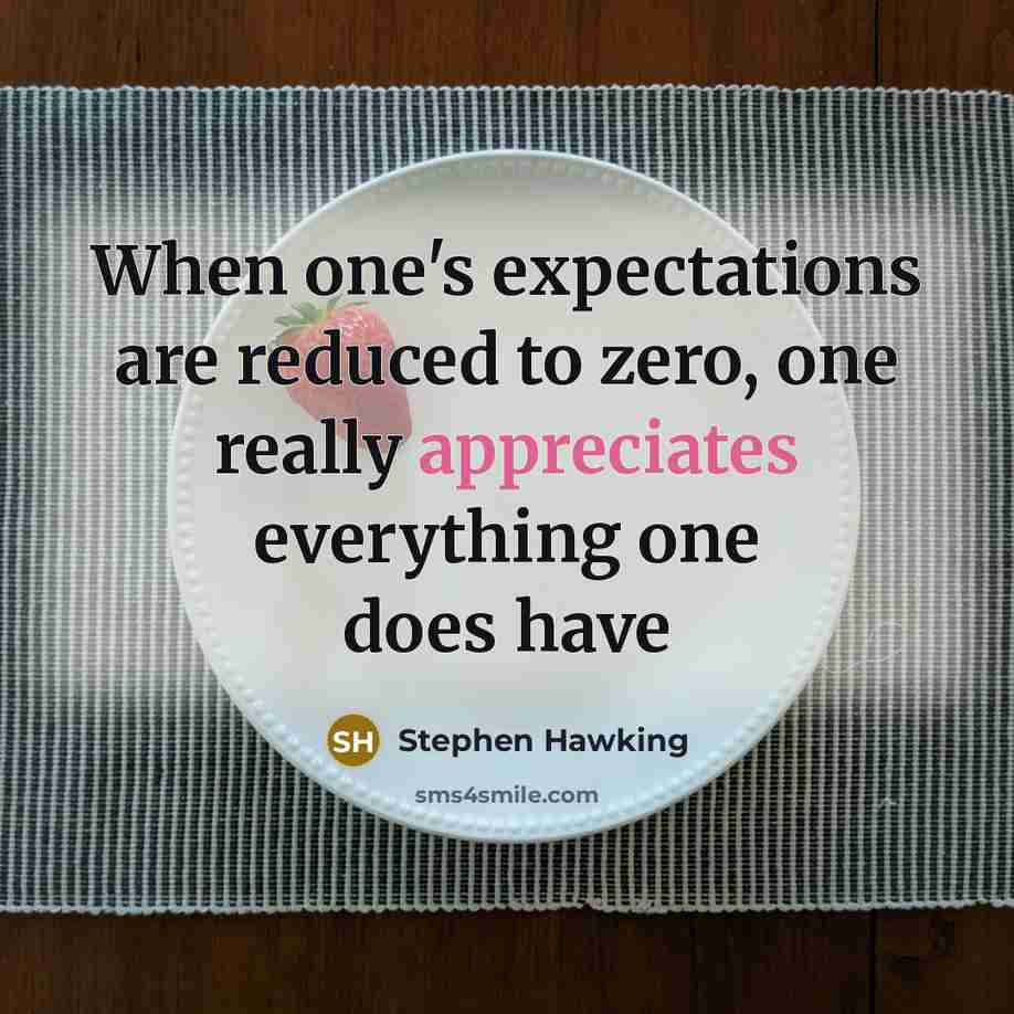 “When one's expectations are reduced to zero, one really appreciates everything one does have” quote by Stephen Hawking