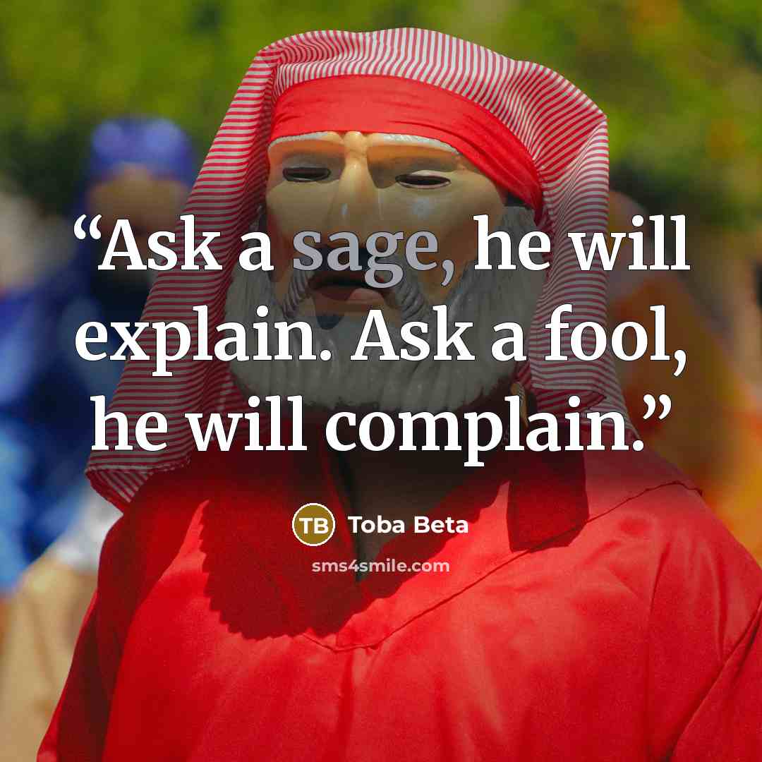 “Ask a sage, he will explain. Ask a fool, he will complain.” quote by Toba Beta