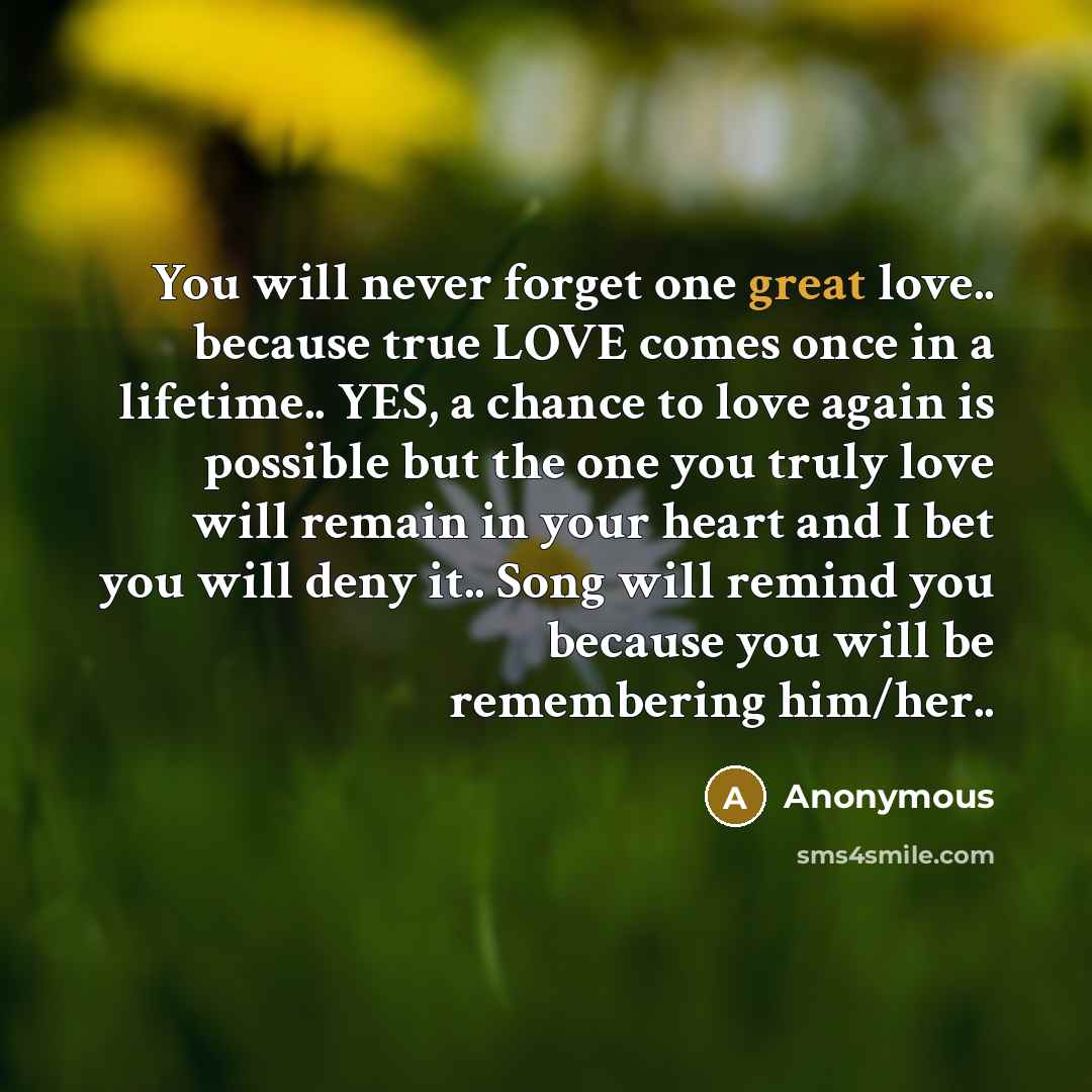 “You will never forget one great love.. because true LOVE…” quote by Anonymous