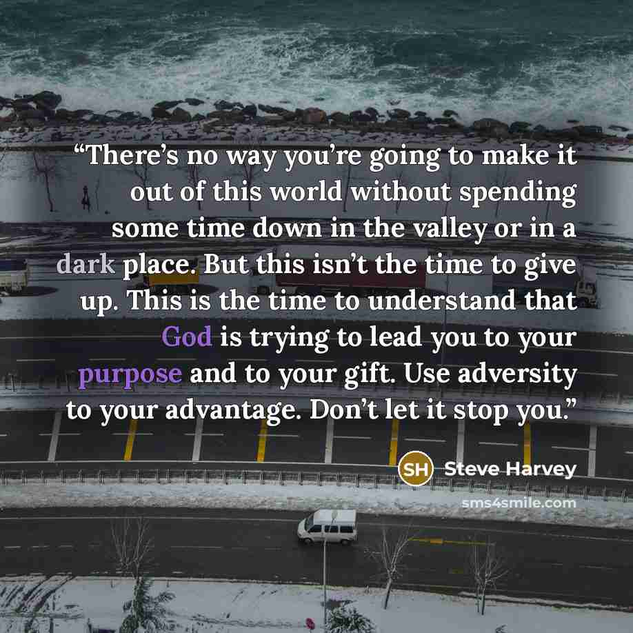 “There’s no way you’re going to make it out of this world without spending some time down in the valley or in a dark place. But this isn’t the time to give up. This is the time to understand that God is trying to lead you to your purpose and to your gift. Use adversity to your advantage. Don’t let…” quote by Steve Harvey