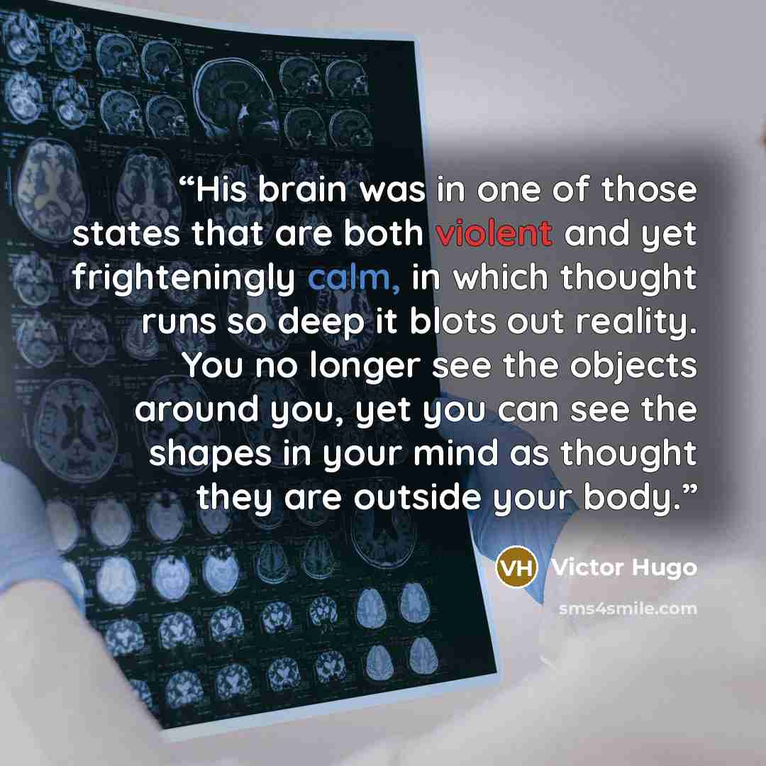“His brain was in one of those states that are both violent and yet frighteningly calm, in which thought runs so deep it blots out reality. You no longer see the objects around you, yet you can see the shapes in your mind as thought they are outside your body.” quote by Victor Hugo