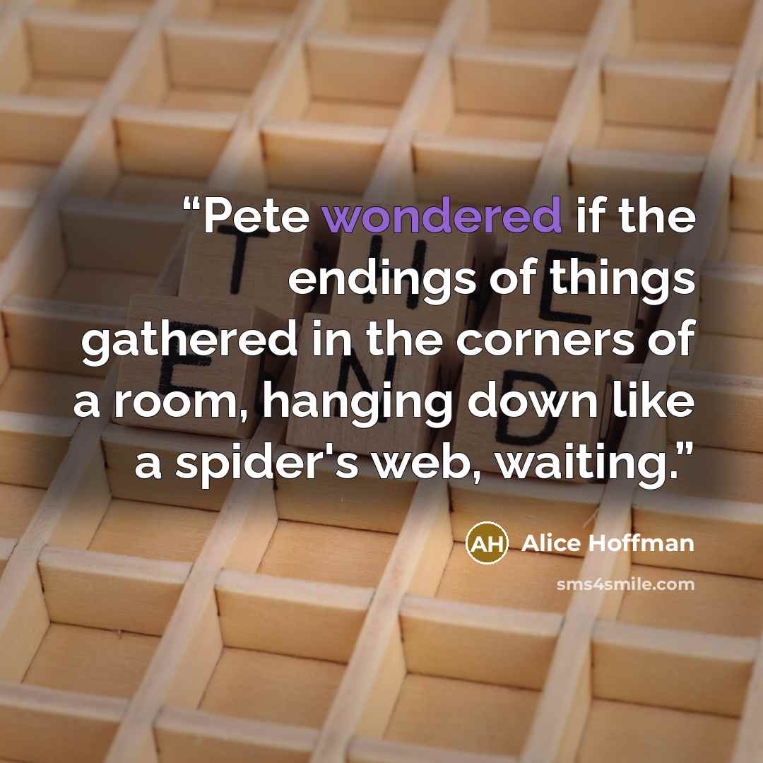 “Pete wondered if the endings of things gathered in the corners of a room, hanging down like a spider's web, waiting.” quote by Alice Hoffman