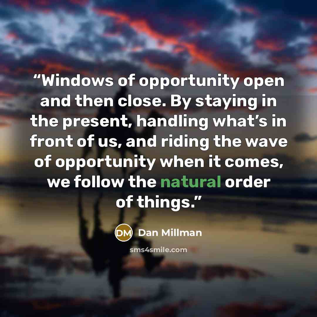 “Windows of opportunity open and then close. By staying in the present, handling what’s in front of us, and riding the wave of opportunity when it comes, we follow the natural order of things.” quote by Dan Millman