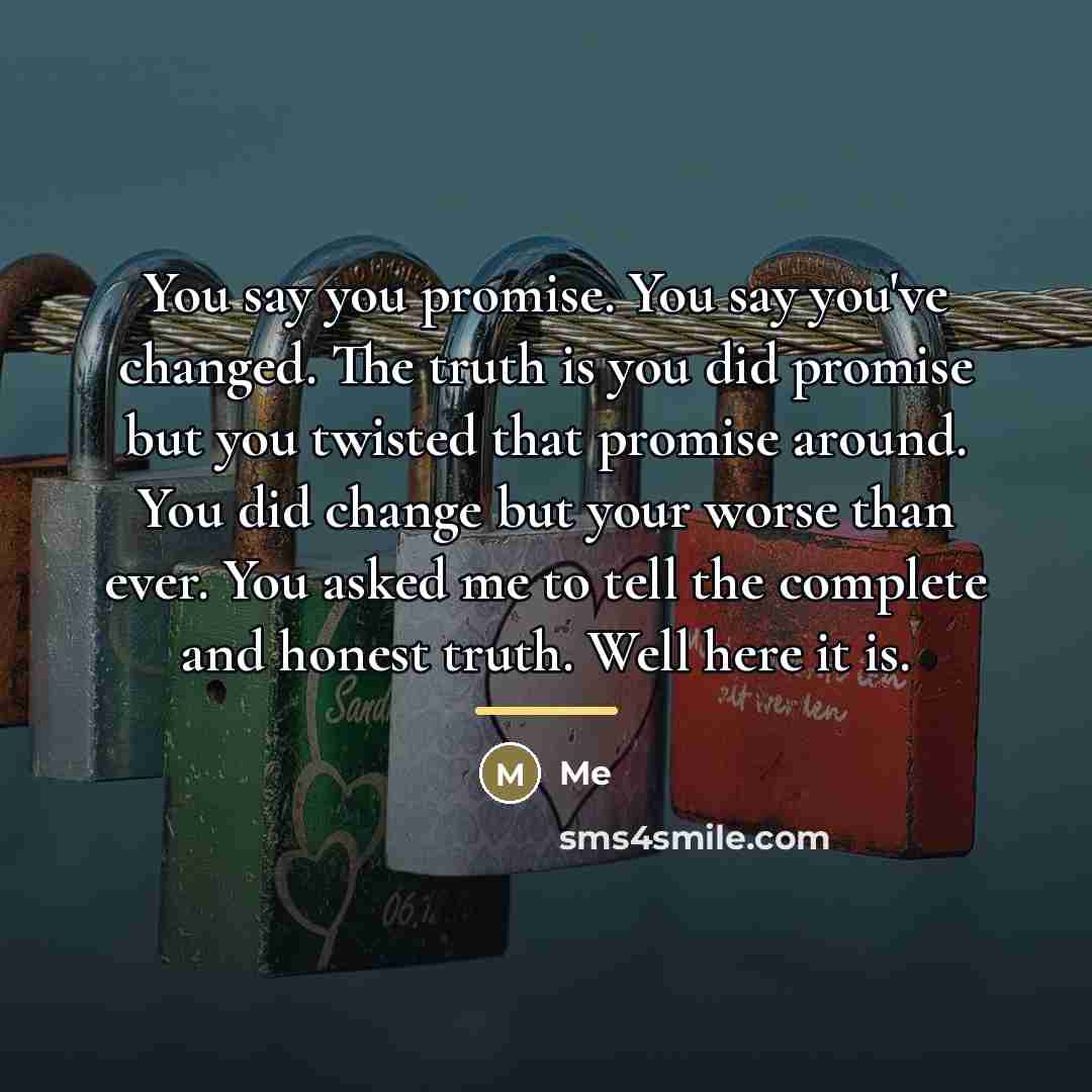 “You say you promise. You say you've changed. The truth…” quote by Me