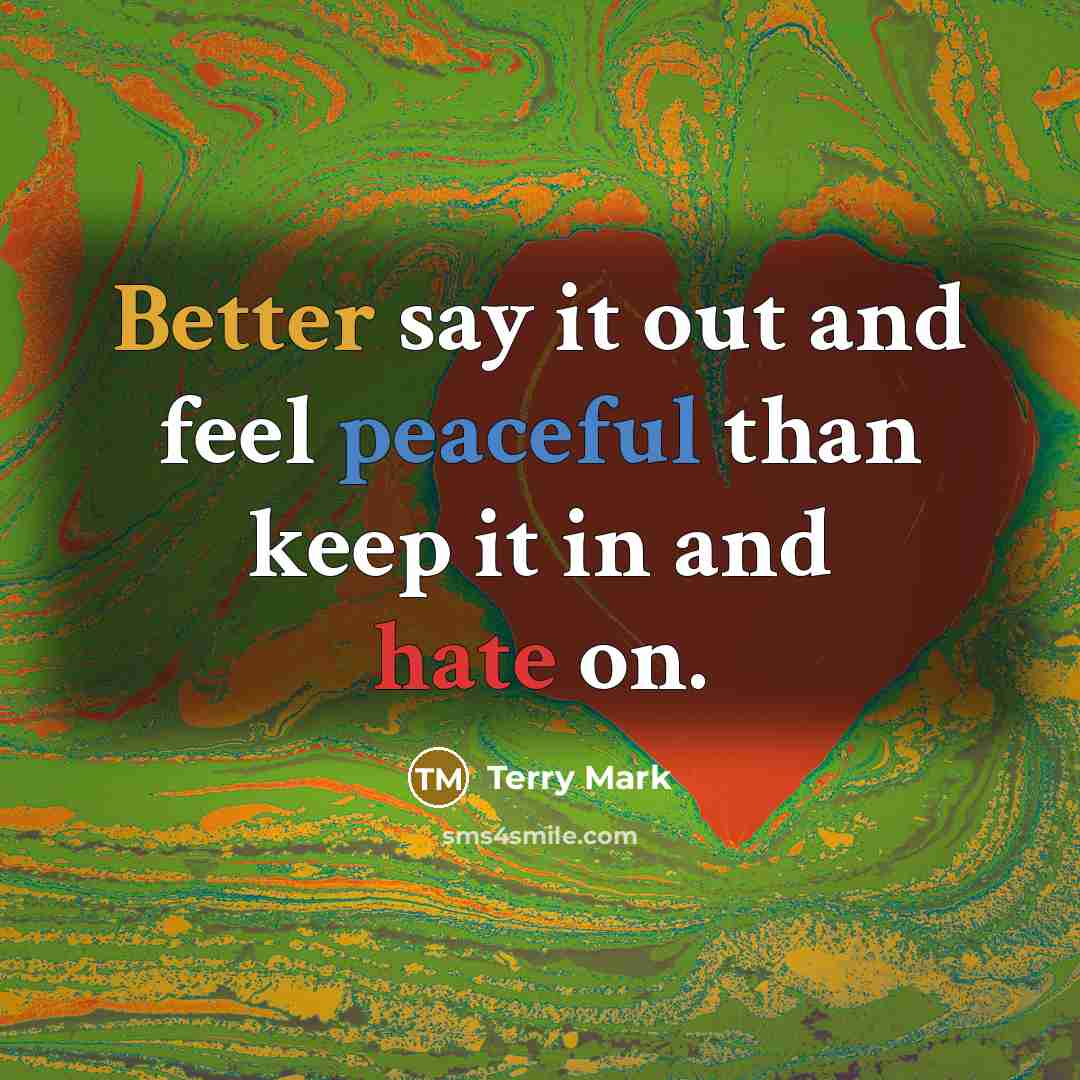 “Better say it out and feel peaceful than keep it in and hate on.” quote by Terry Mark
