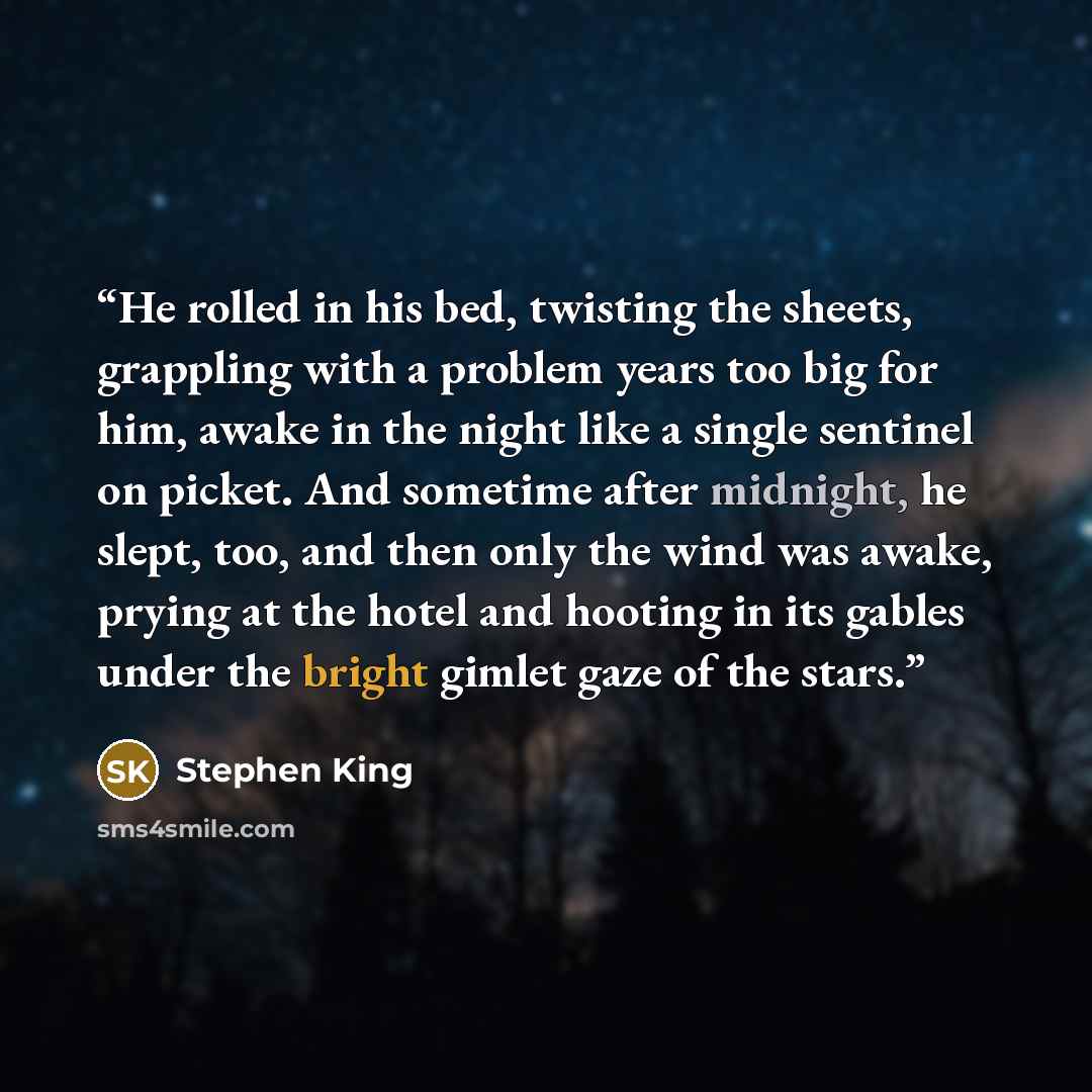 “He rolled in his bed, twisting the sheets, grappling with a problem years too big for him, awake in the night like a single sentinel on picket. And sometime after midnight, he slept, too, and then only the wind was awake, prying at the hotel and hooting in its gables under the bright gimlet gaze…” quote by Stephen King