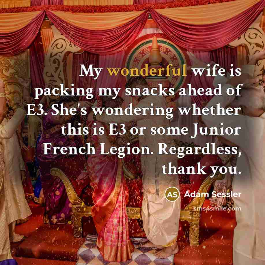 “My wonderful wife is packing my snacks ahead of E3.…” quote by Adam Sessler