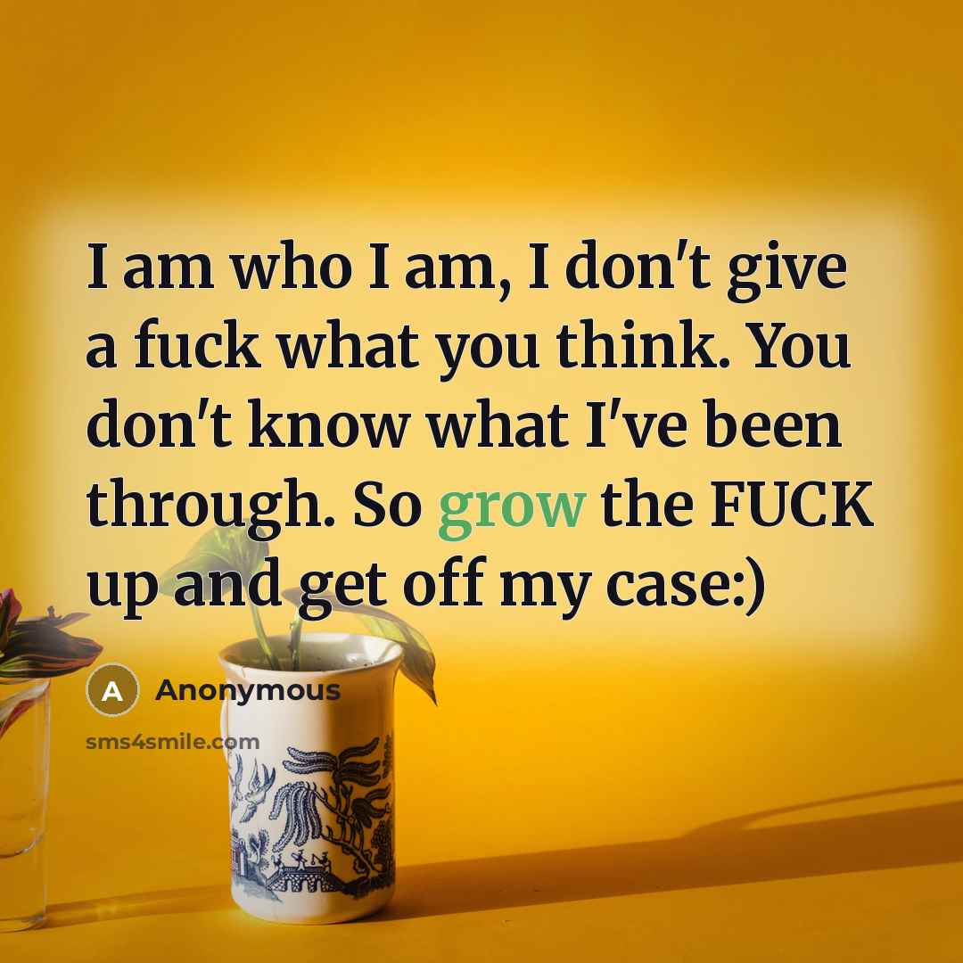 “I am who I am, I don't give a fuck what you think. You don't know what I've been through. So grow the FUCK up and get off my case:)” quote by Anonymous