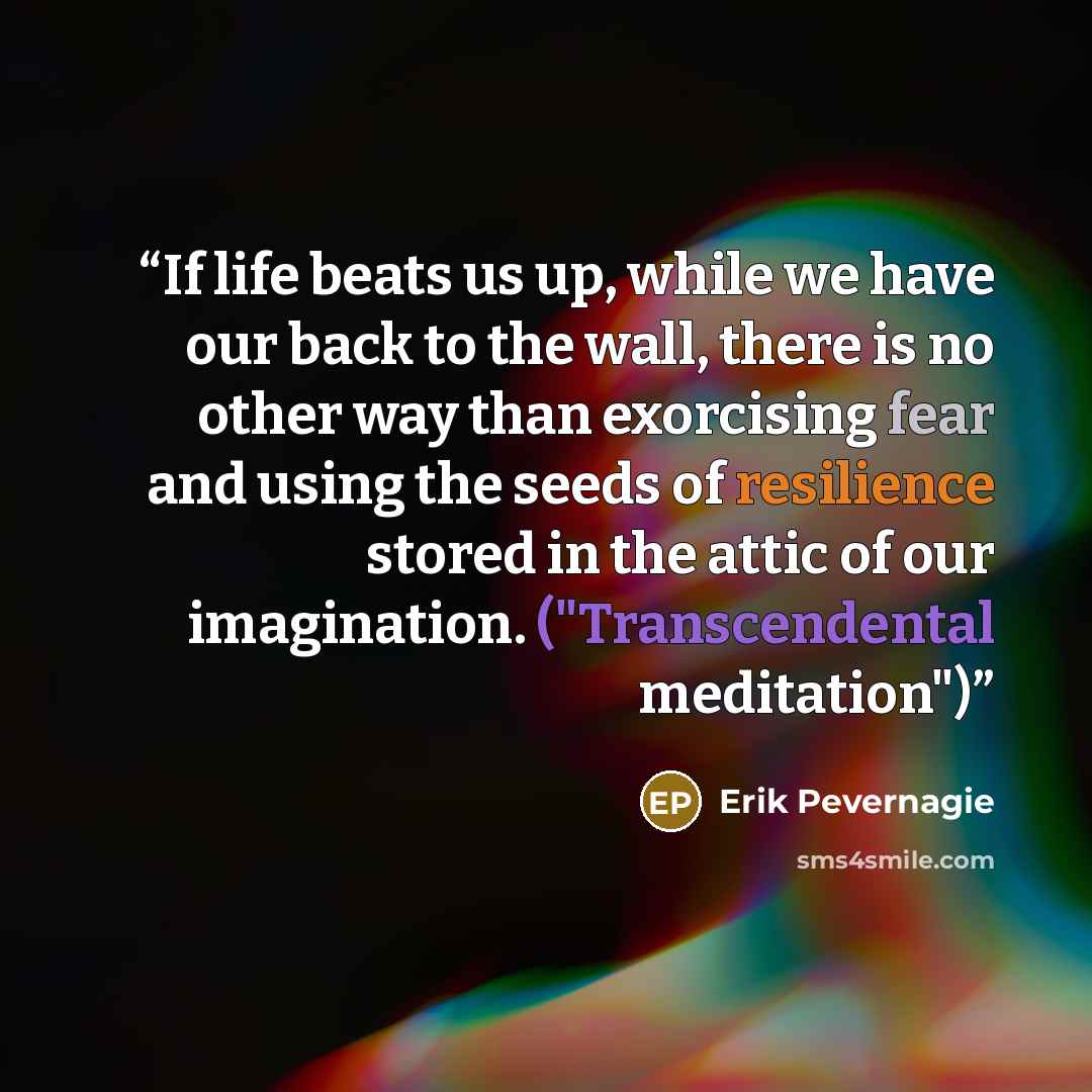 “If life beats us up, while we have our back to the wall, there is no other way than exorcising fear and using the seeds of resilience stored in the attic of our imagination. ("Transcendental meditation")” quote by Erik Pevernagie