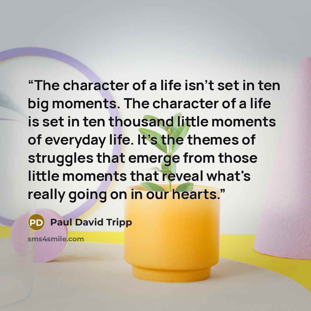 “The character of a life isn't set in ten big moments. The character of a life is set in ten thousand little moments of everyday life. It's the themes of struggles that emerge from those little moments that reveal what's really going on in our hearts.” quote by Paul David Tripp