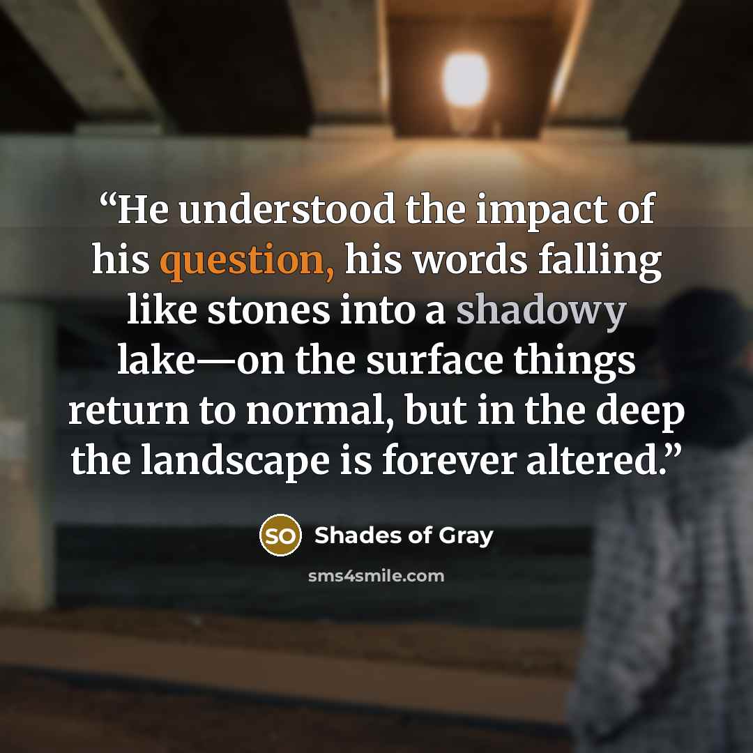 “He understood the impact of his question, his words falling like stones into a shadowy lake—on the surface things return to normal, but in the deep the landscape is forever altered.” quote by Shades of Gray