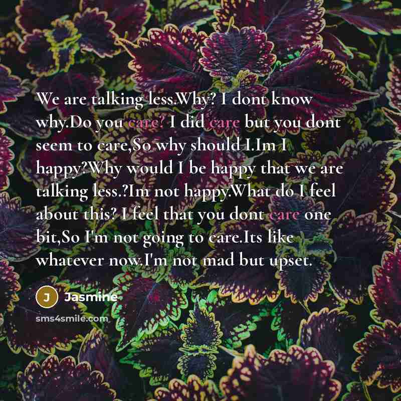 “We are talking less.Why? I dont know why.Do you care? I did care but you dont seem to care,So why should I.Im I happy?Why would I be happy that we are talking less.?Im not happy.What do I feel about this? I feel that you dont care one bit,So I'm not going to care.Its like whatever now.I'm not mad…” quote by Jasmine